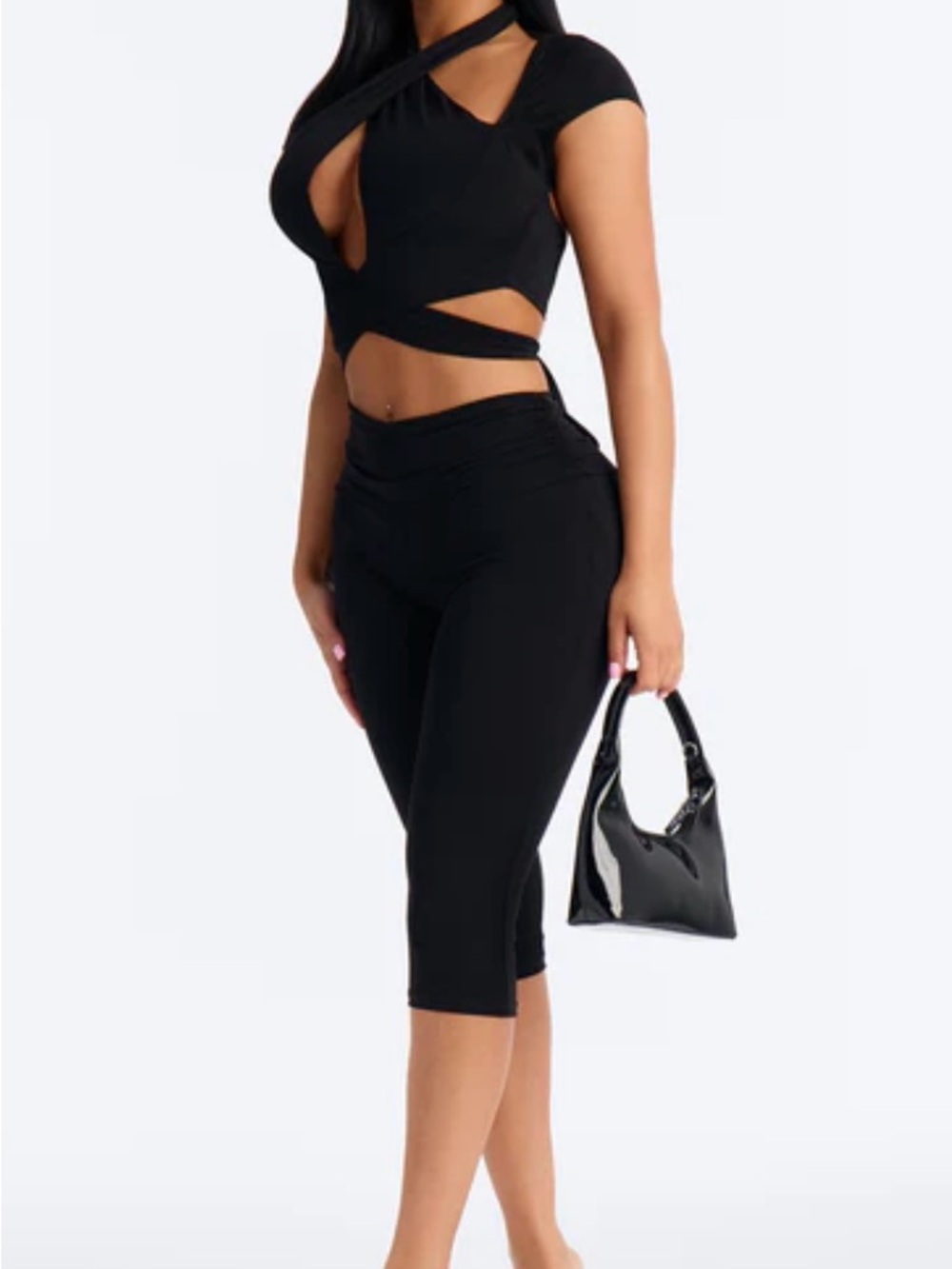 Women’s Black Capri Set with Cross Neck Top